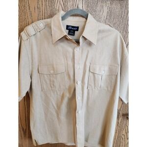 Trust Linen Blend SS Button Up Front Dbl Pockets Mens Size L Oatmeal